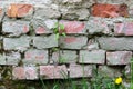 Old cracked brick wall with cracks and hollows.