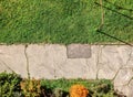 Old cracked pavement with green lawn and small bushes around. View from above, balcony on high floor flat