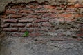 The Old Cracked Wall of a concrete building. A part of the red brick wall was abandoned wall background Royalty Free Stock Photo