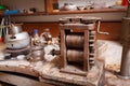 Old crafting equipment on a table background. Craftsmaking and jewelry production. Goldsmith profession.