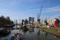 Old cranes, shiips, towers, trains and other parts of the harbor for public exhibitation in the Leuvehaven in Rotterdam