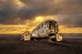 Old crashed plane in Iceland with heavy storm clouds Royalty Free Stock Photo