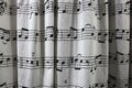 Shower curtain with a musical score sheet printed on it