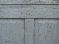 Old crecked grey wooden door board eaten by worms and beetles. Peeled grey paint.