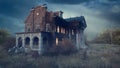 Old creepy abandoned mansion house in rural landscape with ominous dark moody atmosphere. 3D illustration Royalty Free Stock Photo