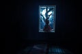 Old creepy eerie baby crib near window in dark room. Scary baby silhouette in dark. A realistic dollhouse living room with