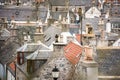 Old croft houses in Cullen, fishing village on Moray Firth, Scotland. Cullen Viaduct in the background, old roofs and chimneys Royalty Free Stock Photo