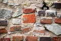 Old crumbling masonry wall with red bricks and stones.Old red brick wall, grunge background Royalty Free Stock Photo