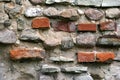 Old crumbling masonry wall with red bricks and stones.Old red brick wall, grunge background Royalty Free Stock Photo