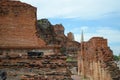 Old crumbling overgrown brick wall in front of stupa at historic park thailand Royalty Free Stock Photo