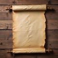 An old, crumpled parchment scroll hanging on a wooden wall Royalty Free Stock Photo