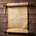 An old, crumpled parchment scroll hanging on a wooden wall Royalty Free Stock Photo