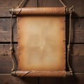 An old, crumpled parchment scroll hanging on a wooden wall Royalty Free Stock Photo
