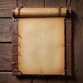 An old, crumpled parchment scroll hanging on a wooden wall Royalty Free Stock Photo