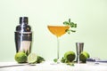 Old Cuban cocktail drink with white rum, lime juice, sparkling wine, syrup, bitter, mint and ice. Light green background, hard