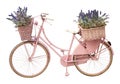 Old cute pink painted bicycle with baskets and flowers in springtime isolated on white for easy selection - Fashion Cut Out