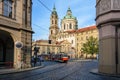 Old Czech tram on Malostranska Square in Prague, Czech Republic Royalty Free Stock Photo