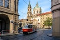 Old Czech tram on Malostranska Square in Prague Royalty Free Stock Photo