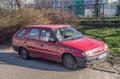 Old Czechoslovak hatchback red car Skoda Favorit right and front view Royalty Free Stock Photo