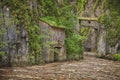 Old dam Scropoasa lake near the pine forest in Carpathian mountains