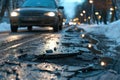 Old damaged asphalt pavement road with potholes in city. Car stopped near pothole Royalty Free Stock Photo