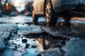 Old damaged asphalt pavement road with potholes in city. Car stopped near pothole Royalty Free Stock Photo