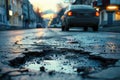 Old damaged asphalt pavement road with potholes in city. Car stopped near pothole Royalty Free Stock Photo