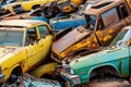 Old damaged cars on the junkyard waiting for recycling