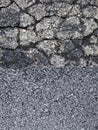 Old damaged cracked asphalt road surface against a new draining asphalt road with an improved adherence surface