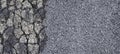 Old damaged cracked asphalt road surface against a new draining asphalt road with an improved adherence surface