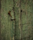 Old damaged faded green wooden door with a latch from Sicily
