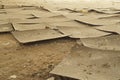 Old, damaged floor covering. Forgotten, abandoned ghost town Skrunda, Latvia. Former Soviet army radar station