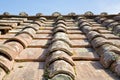 Old damaged traditional tuscan terracotta roof covering seen from above - Tuscany - Italy