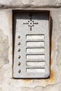 Old damaged worn vintage rusty apartment entry phone / Intercom panel with buttons high quality texture asset. Game texture grunge
