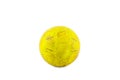 old damaged yellow futsal ball on white background football object isolated