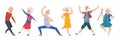 Old dancing people. Cartoon happy older characters, group of senior age persons having good time. Vector flat funny