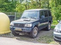 Old dark blue 4WD all road car Hyundai Galloper parked Royalty Free Stock Photo