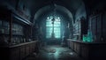 Old dark fantastic lab.Medieval abandoned alchemist laboratory. Generative AI
