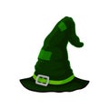 Old dark green wizard hat in patches. Vector illustration on white background.