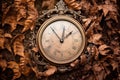 Old decorated clock among autumn leaves, generative ai