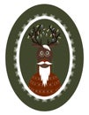 Old deer with a beard, mustache, glasses and garlands on the horns in openwork frame. Christmas background Royalty Free Stock Photo