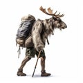 Old Deer Walking On Two Feet With Hobo Stick And Backpack
