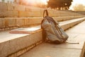 Old denim school backpack Royalty Free Stock Photo