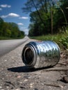 An old dented aluminum can beside a road in the country.. AI generation