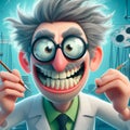 An old dentist with gray hair, wild eyes, and glasses in a dentist's office with tools in hand, cartoon, Generative Ai Royalty Free Stock Photo