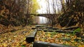 Old Deserted Ruin of Railway Bridge in Autumn Forest with Falling Yellow Leaves on Railroad Royalty Free Stock Photo