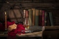 Old Desk with Whisky and Classic Books