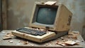 Old desktop computer sits broken on dusty table. Cardboard debris scatters around obsolete tech equipment. Retro hardware shows Royalty Free Stock Photo
