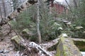 The old destroyed military base of missile forces after the explosions with the command post and the bomb shelter thrown in the wo Royalty Free Stock Photo