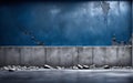 Old destroyed wall with cracked background. Old blue and gray wall with floor background. Concrete old blue wall.